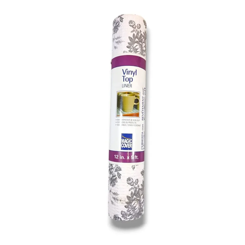 Magic Cover Gray Floral Vinyl Top Liner 12in x 5ft Non-Slip Washable Durable